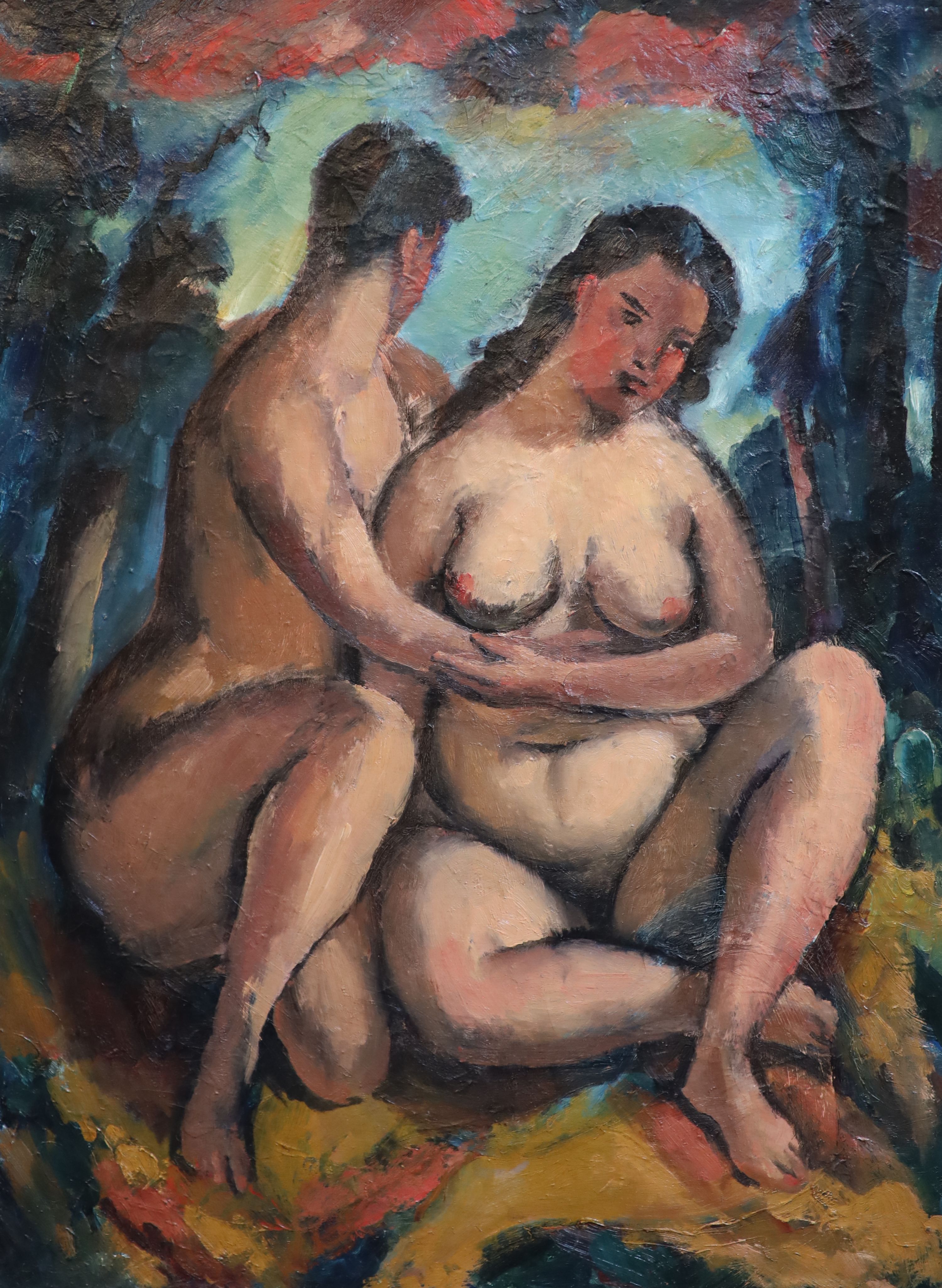 Robert Baker (1902-1992), Nude couple in a landscape, Oil on canvas, 77 x 56 cm. unframed